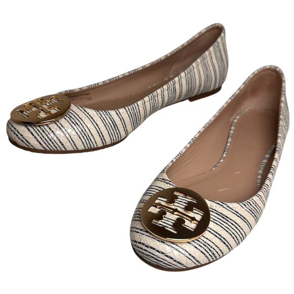 Tory Burch White Blue Striped Snake Leather Gold Logo Reva Ballet Flats Sz 11 M - Picture 2 of 15